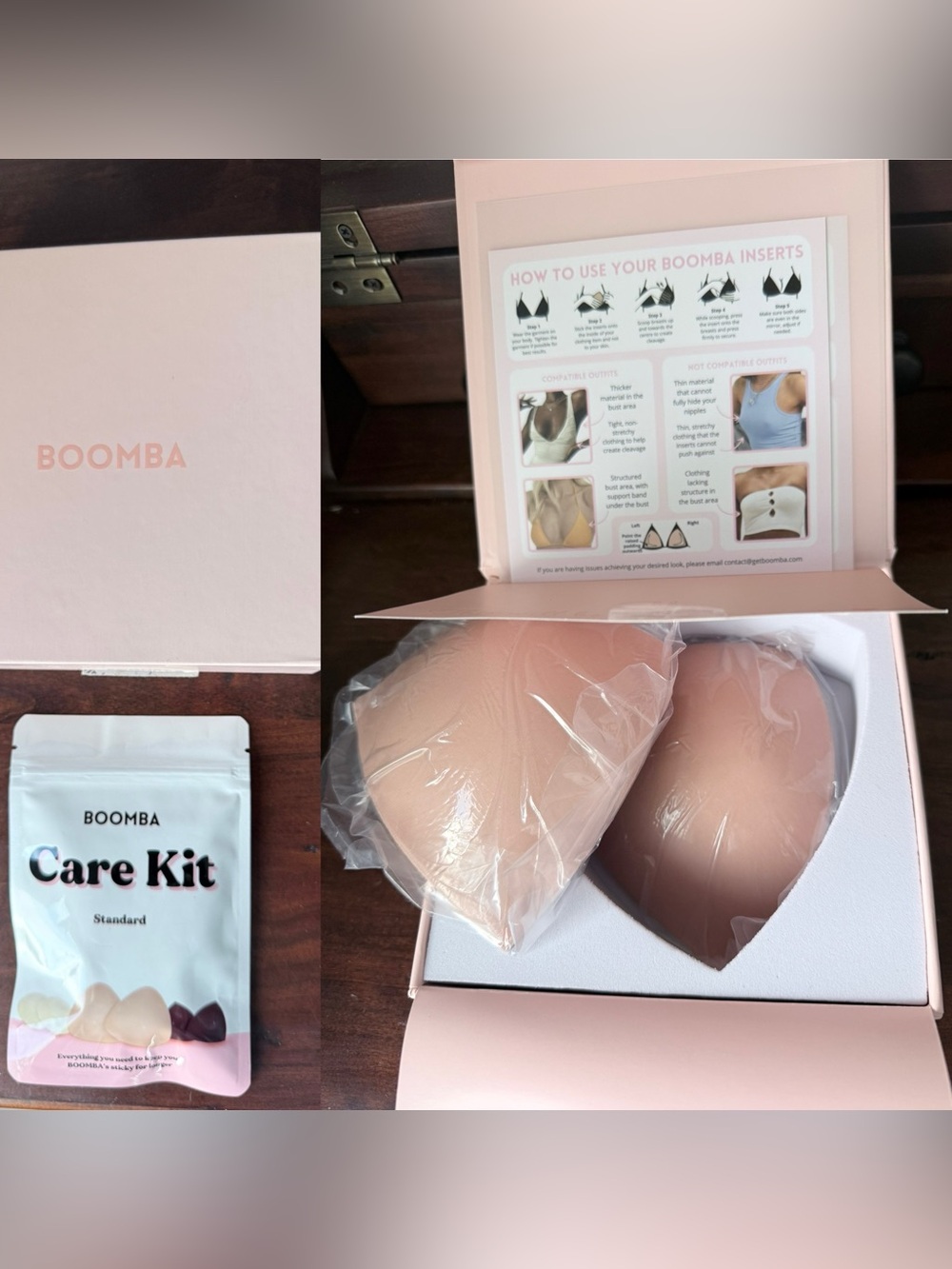 Boomba Beige Adhesive Bra Inserts – Seamless Lift & Natural Shape + Care Kit